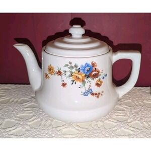 Vintage ceramic‎ Teapot / Coffee Pot Drip-o-lator Floral Flower White MCM 50's